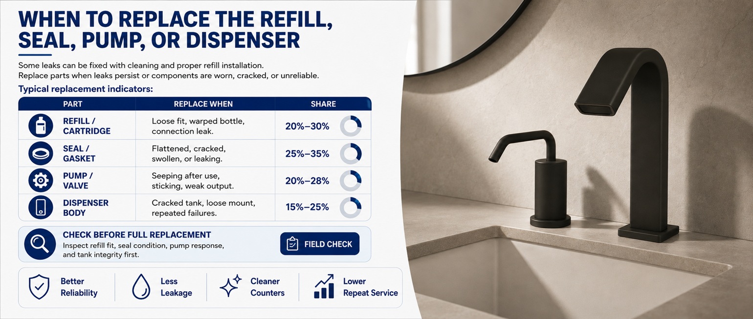 Matte black square faucet and matching soap dispenser model shown beside a guide for when to replace the refill, seal, pump, or dispenser